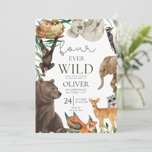 Vier ooit wilde safari 4e verjaardag kaart (Staand voorkant)