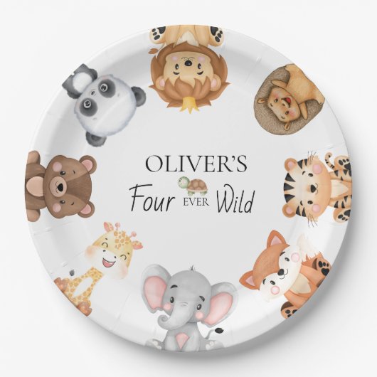 Vier ooit wilde safari 4e verjaardag papieren bordje (Voorkant)