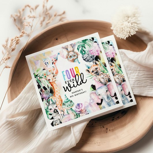 VIER ooit Wilde Safari Dieren 4e Verjaardag Servet