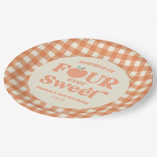 Vier ooit Zoet Perzik Fruit 4e Verjaardagsfeest Papieren Bordje (Gekanteld)