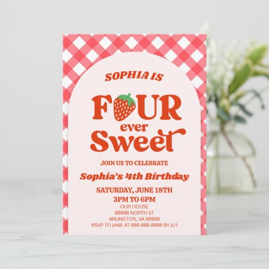 Vier ooit zoete aardbei 4e verjaardag partij kaart (Staand voorkant)