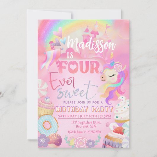 Vier ooit zoete Unicorn Donut Sweet 4th Kaart (Voorkant)