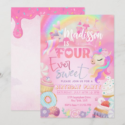 Vier ooit zoete Unicorn Donut Sweet 4th Kaart (Voorkant / Achterkant)