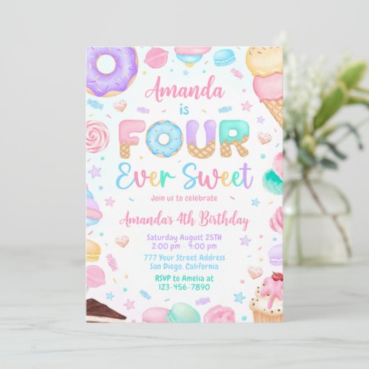 Vier Ooit Zoete Verjaardag Uitnodiging 4e Verjaard (Staand voorkant)