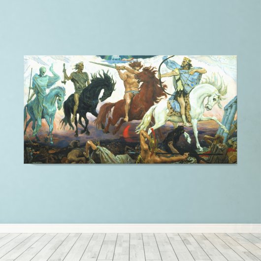 Vier paarden van Apocalyps van Vasnetsov (1887) Canvas Afdruk (Insitu (Houten vloer))