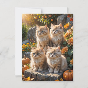 Vier pluizige herfst Kittens met pompoenen en mama Briefkaart