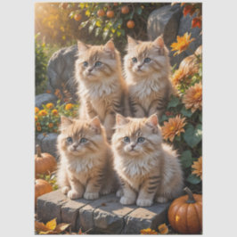 Vier pluizige herfst Kittens met pompoenen en mama Tissuepapier