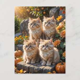 Vier pluizige herfst Kittens met pompoenen en mama Uitnodiging Briefkaart