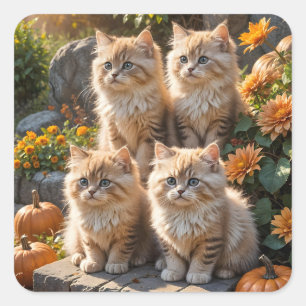 Vier pluizige herfst Kittens met pompoenen en mama Vierkante Sticker
