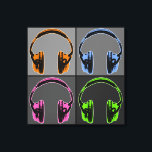 Vier Pop Art Headphones Canvas Afdruk<br><div class="desc">Vier koptelefoons van de Kunst van de Pop, elk paar hoofdtelefoons wordt getoond binnen een vierkant, elk een verschillende schaduw van grijs. De hoofdtelefoon bevindt zich in retroflecten van oranje, blauw, roze en groen met zwarte schaduwen die de vormen en contouren van de hoofdtelefoon definiëren. Het design van de vier...</div>