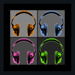 Vier Pop Art Headphones Poster<br><div class="desc">Vier koptelefoons van de Kunst van de Pop, elk paar hoofdtelefoons wordt getoond binnen een vierkant, elk een verschillende schaduw van grijs. De hoofdtelefoon bevindt zich in retroflecten van oranje, blauw, roze en groen met zwarte schaduwen die de vormen en contouren van de hoofdtelefoon definiëren. Het design van de vier...</div>