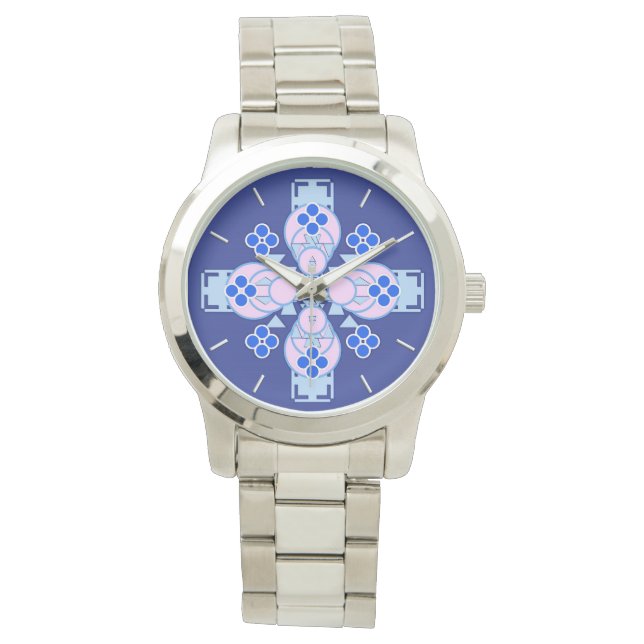Vier punten Mandala - orchidee, blauw en kobalt Horloge (Voorkant)