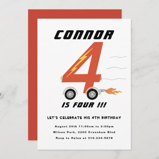Vier Race Car Vierde Verjaardag Party uitnodiging (Voorkant / Achterkant)