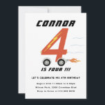 Vier Race Car Vierde Verjaardag Party uitnodiging<br><div class="desc">Race auto nummer vier illustratie met bliksem; aangepaste kleur op de voor- en achterkant.</div>