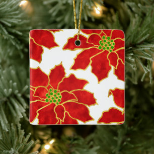 Vier Red Gold Waterverf Poinsettias-briefkaart Keramisch Ornament