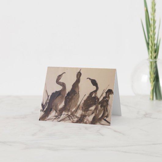 Vier Reigers op het Strand; waterverf notecard Kaart (Voorkant)