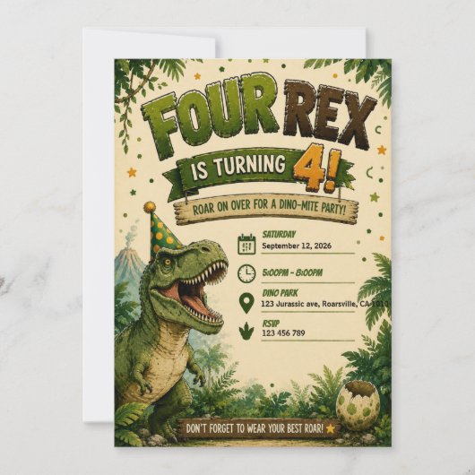 Vier Rex Dinosaur 4e Verjaardagsuitnodiging Kaart (Voorkant)