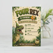 Vier Rex Dinosaur 4e Verjaardagsuitnodiging Kaart (Staand voorkant)