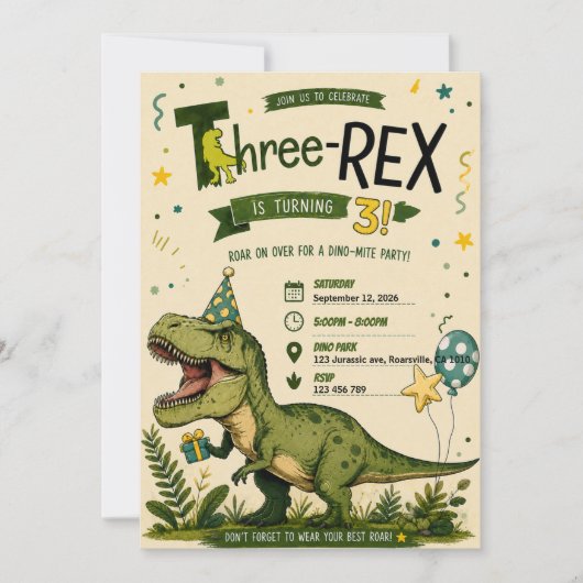 Vier Rex Dinosaur 4e Verjaardagsuitnodiging Kaart (Voorkant)