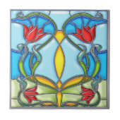 Vier Rode Tulpen Glas in lood Tegeltje (Voorkant)