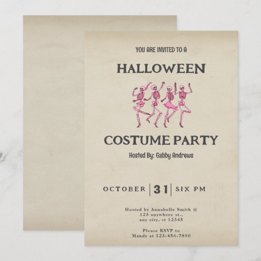 Vier roze dansende skeletten Halloween Kaart (Voorkant / Achterkant)