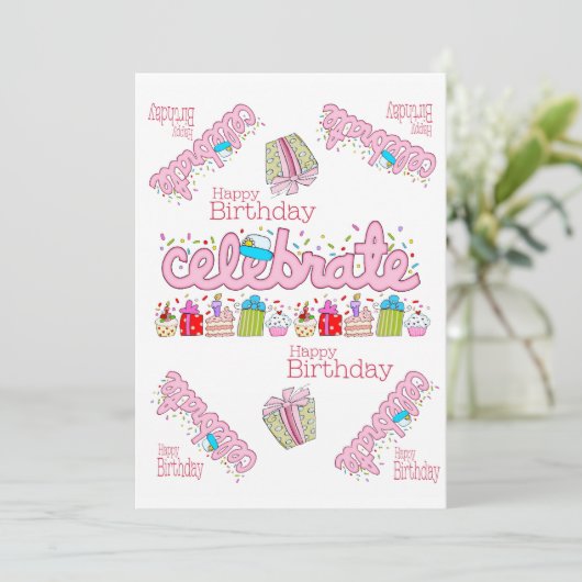 Vier Roze Gelukkige Verjaardag Uitnodiging (Staand voorkant)