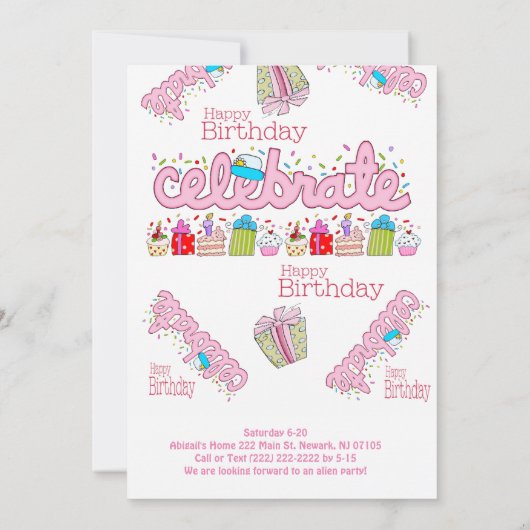 Vier Roze Gelukkige Verjaardag Uitnodiging (Achterkant)