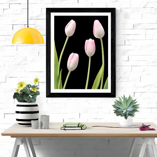 Vier roze tulpen op zwart foto afdruk