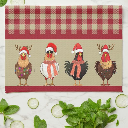 Vier Santa Kippen - Rood en Tan Lumberjack Plaid Theedoek (Gevouwen)