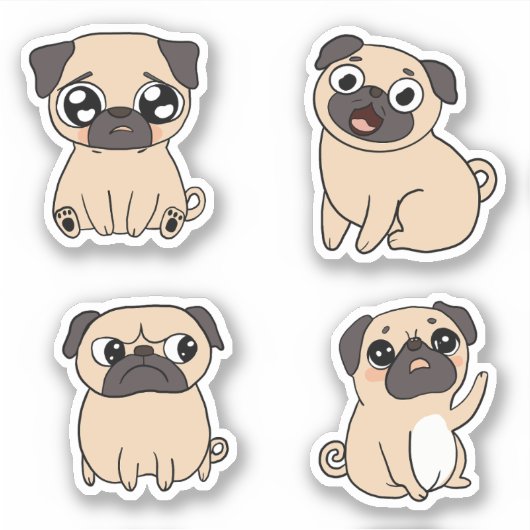 Vier schattige Pug Dog Expressions Sticker (Voorkant)