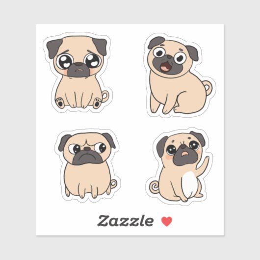 Vier schattige Pug Dog Expressions Sticker (Vel)