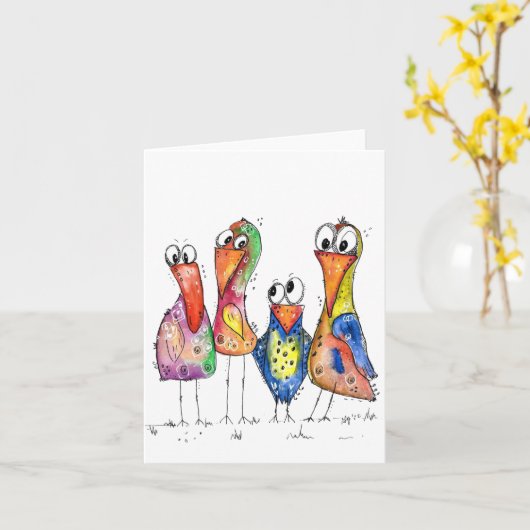 Vier Schattige Whimsical Kleurrijke Vogels Kaart (Gele Bloem)