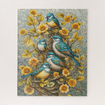 Vier Schattigee Blauwe en Witte Vogels op Bloeiend