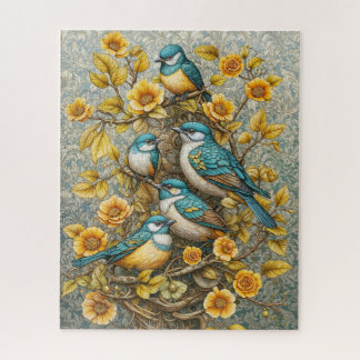 Vier Schattigee Blauwe en Witte Vogels op Bloeiend Legpuzzel