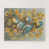 Vier Schattigee Blauwe en Witte Vogels op Bloeiend Legpuzzel (Horizontaal)