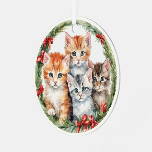 Vier Schattigee Kittens Kerstkrans Kinder Metalen Ornament (Voorkant links)