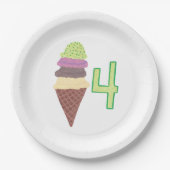 Vier Scoops Ice Cream Cone Verjaardagspapier Borde Papieren Bordje (Voorkant)