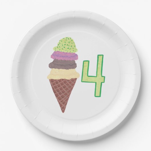 Vier Scoops Ice Cream Cone Verjaardagspapier Borde Papieren Bordje (Voorkant)