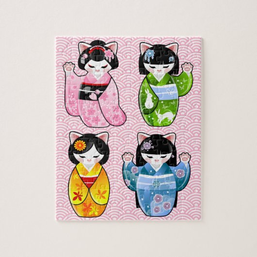 Vier Seasons Maneki Neko Kawaii Cat Kimono Kokeshi Legpuzzel (Verticaal)