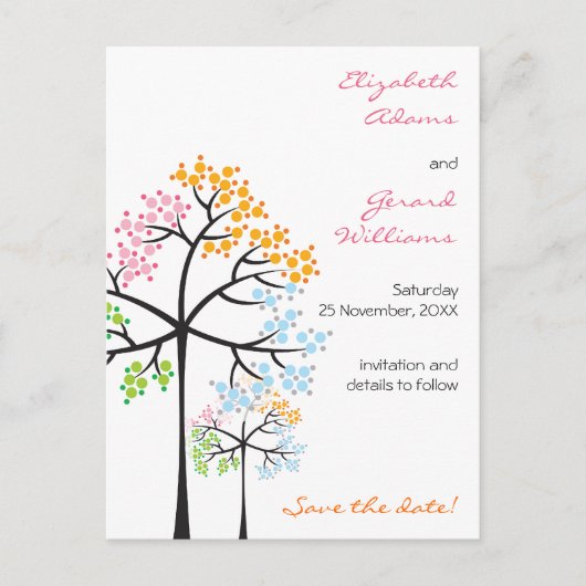 Vier seizoenbomen bos die de datum redden aankondigingskaart (Voorkant)