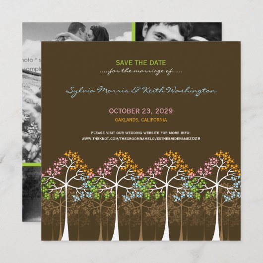 Vier seizoenbomen bos die de datum redden save the date (Voorkant / Achterkant)