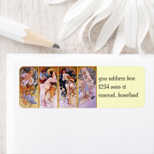 Vier seizoenen Alfons Mucha Etiket (Insitu)