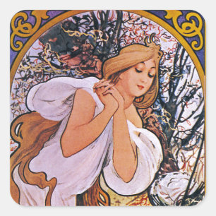 Vier Seizoenen door Alfons Mucha Art Deco Nouveau Vierkante Sticker