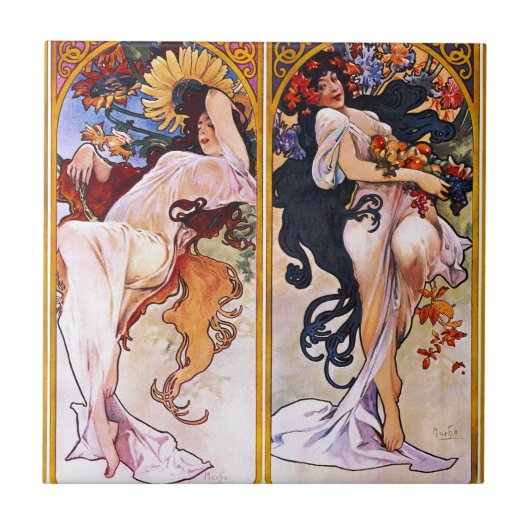 Vier seizoenen van Alfons Mucha Art Deco Nouveau Tegeltje (Voorkant)