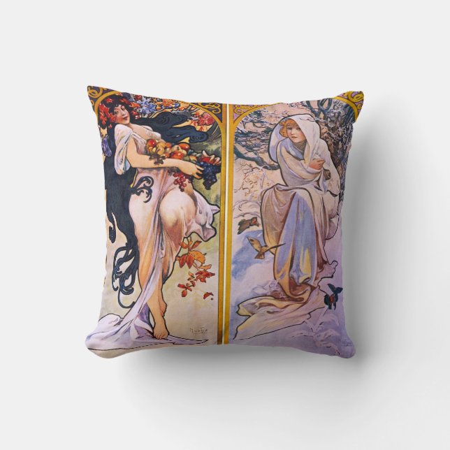 Vier seizoenen van Alphonse Mucha 1895 Kussen (Voorkant)