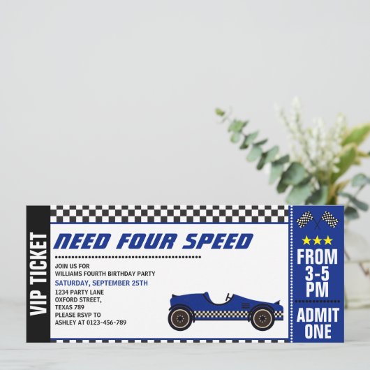 Vier snelheid auto race ticket vierde verjaardag n kaart (Staand voorkant)