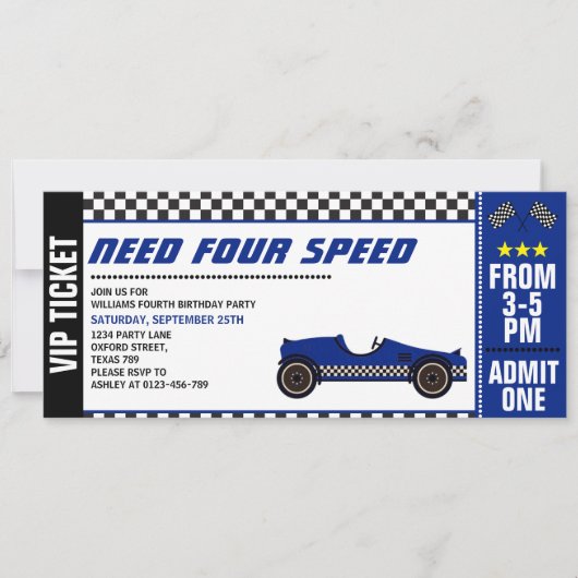 Vier snelheid auto race ticket vierde verjaardag n kaart (Voorkant)