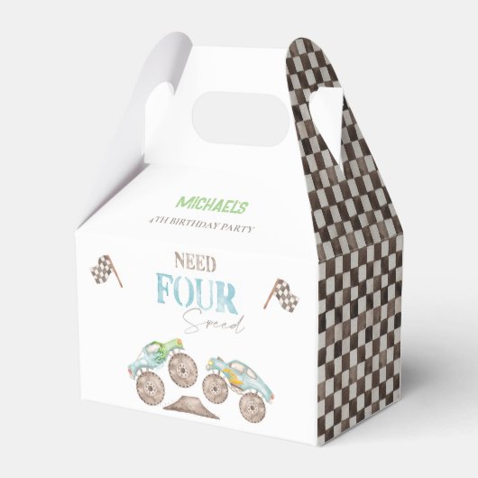 Vier snelheid Blue Monster Trucks Gift Box nodig Bedankdoosjes (Achterkant)