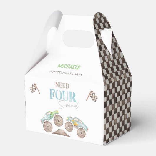 Vier snelheid Blue Monster Trucks Gift Box nodig Bedankdoosjes (Voorkant Zijde)