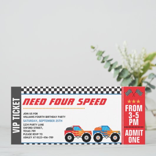 Vier snelheid Monster Truck Race Ticket nodig Kaart (Staand voorkant)